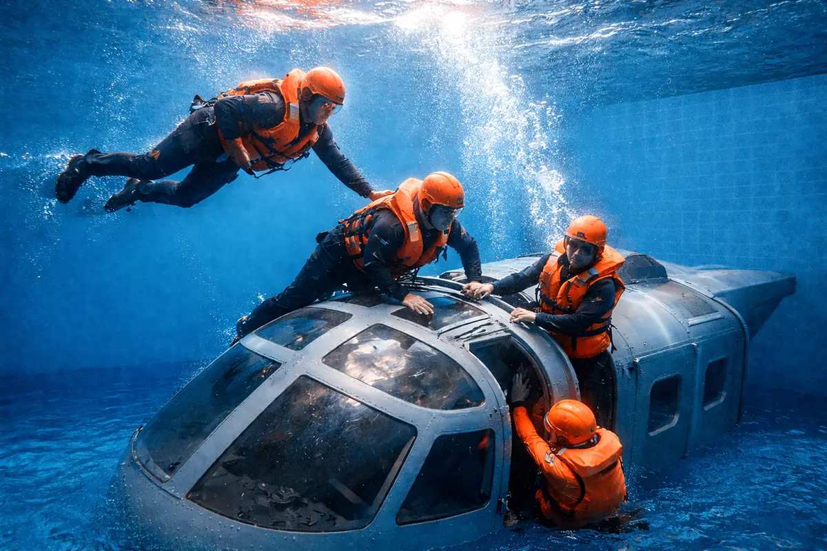 Treinamento T-HUET de profissionais em piscina com simulador de helicóptero.