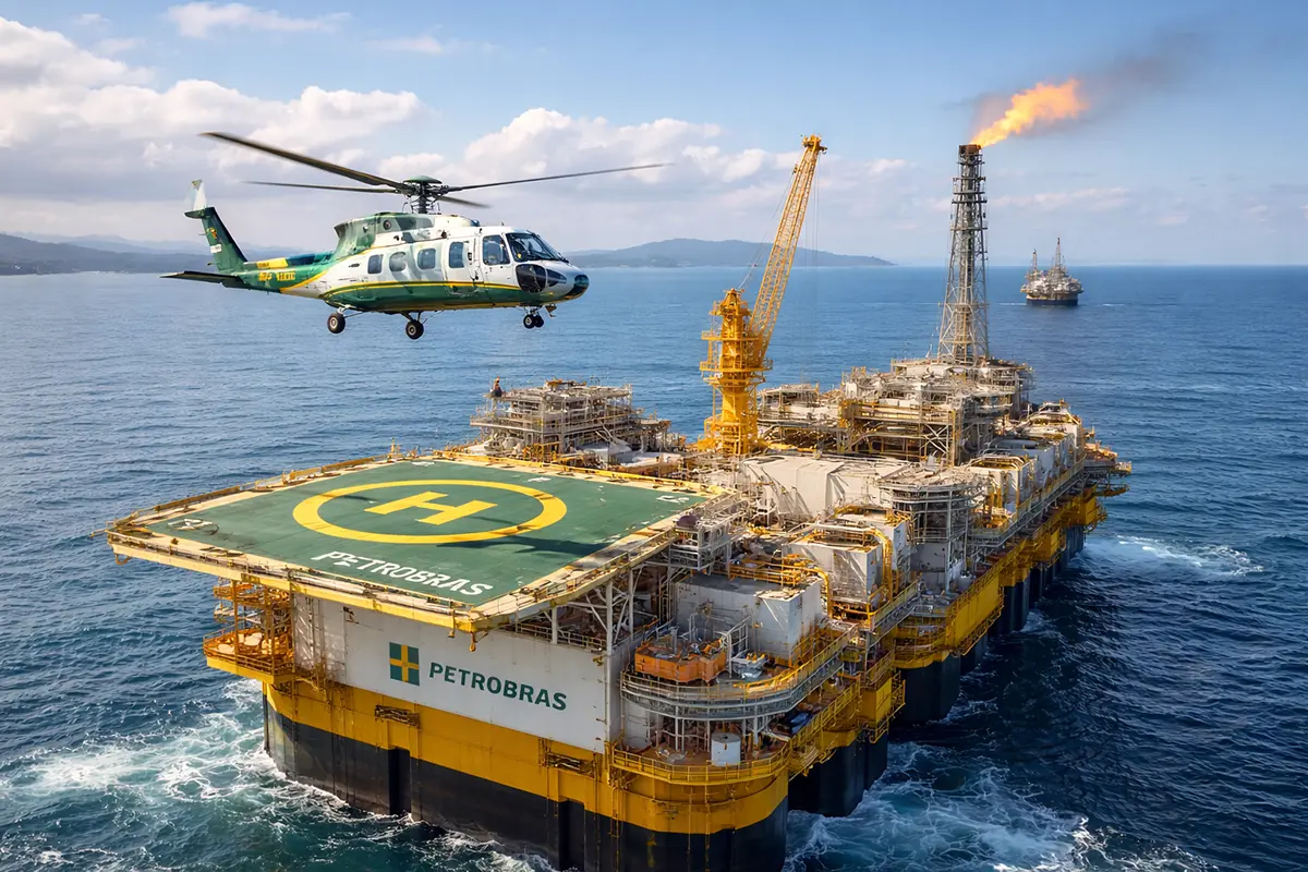 Helicóptero se aproximando de plataforma de petróleo em alto mar.