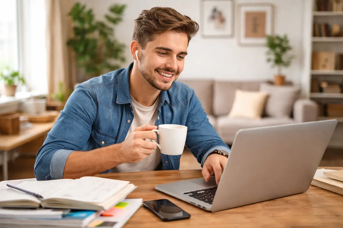Homem com uma xícara de café na mão estudando online pelo notebook.