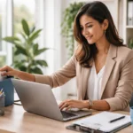 Auxiliar administrativo em Macaé organizando documentos e utilizando planilhas de Excel em escritório.