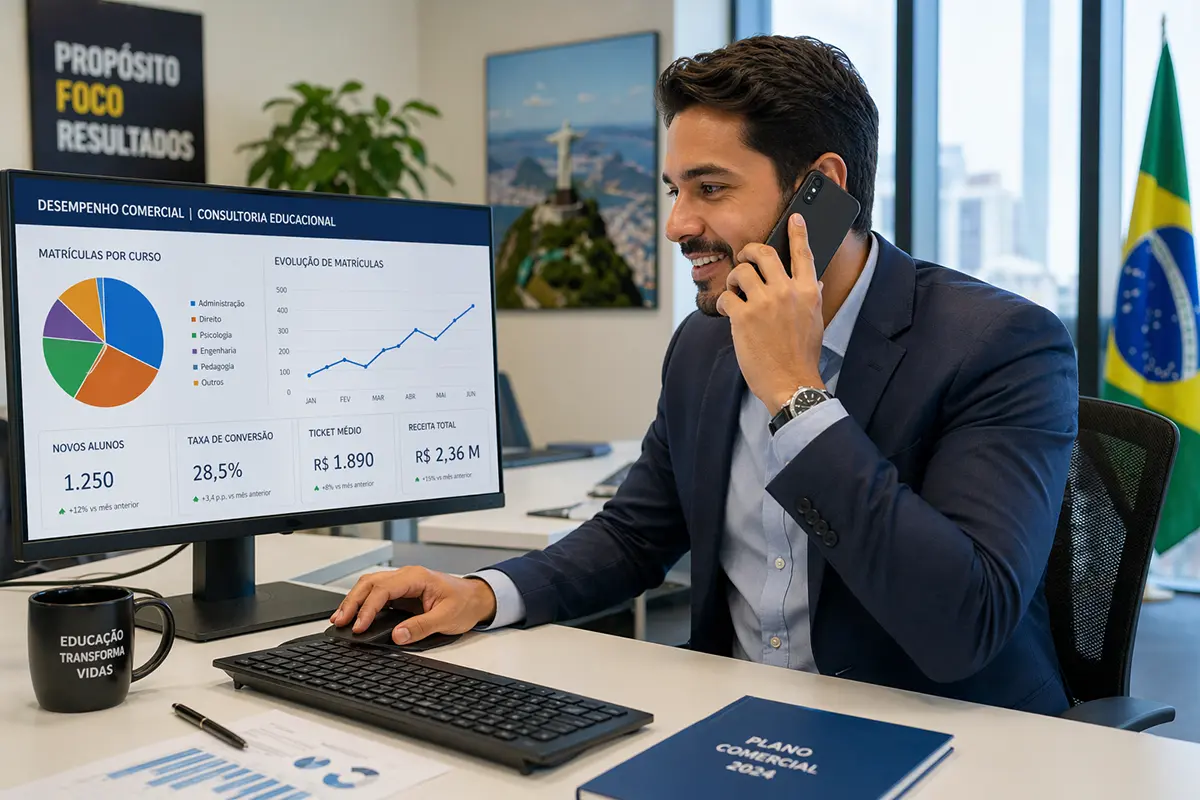 Consultor comercial em Macaé realizando atendimento consultivo e venda de cursos online.