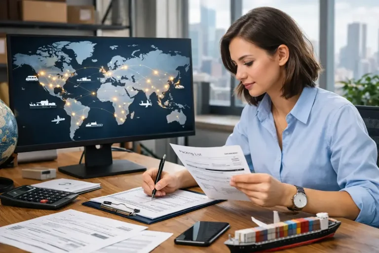 Estudante de comércio exterior em Macaé analisando rotas de importação e exportação no computador.