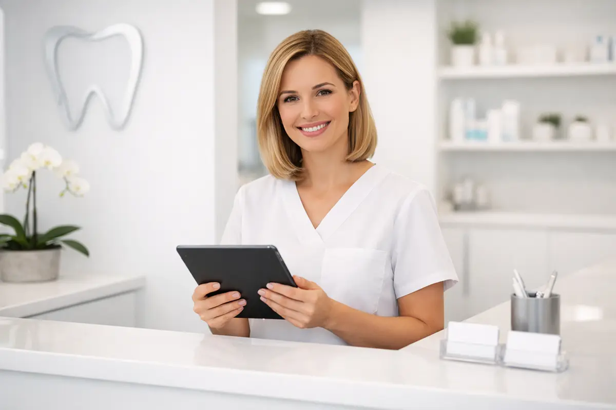 Recepcionista sorridente atendendo paciente em clínica odontológica moderna em Macaé.