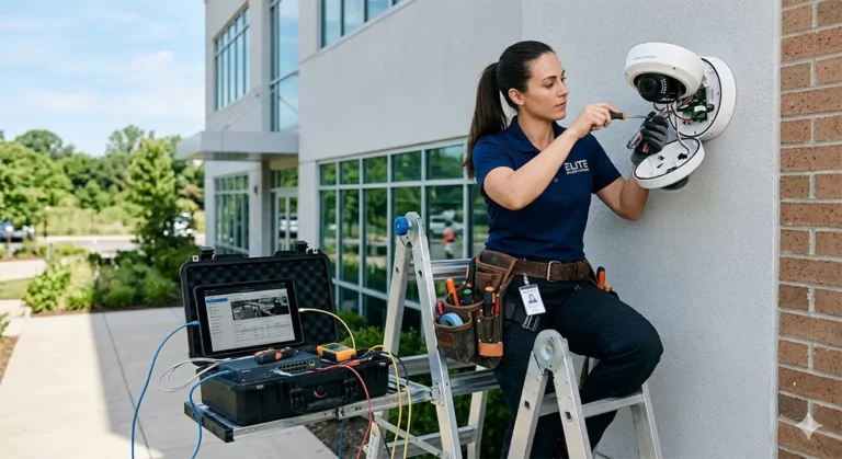 Profissional técnico instalando sistema de segurança eletrônica em Macaé, representando oportunidade de emprego CLT.