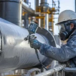 Profissional com equipamentos de segurança realizando pintura industrial em tubulação metálica, representando o curso do IFF Macaé e Petrobras.