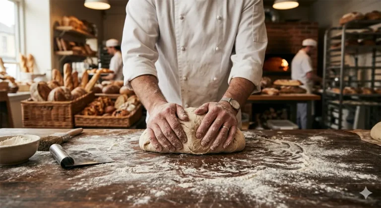 Padeiro profissional preparando massa de pão em curso da Firjan SENAI em Macaé.