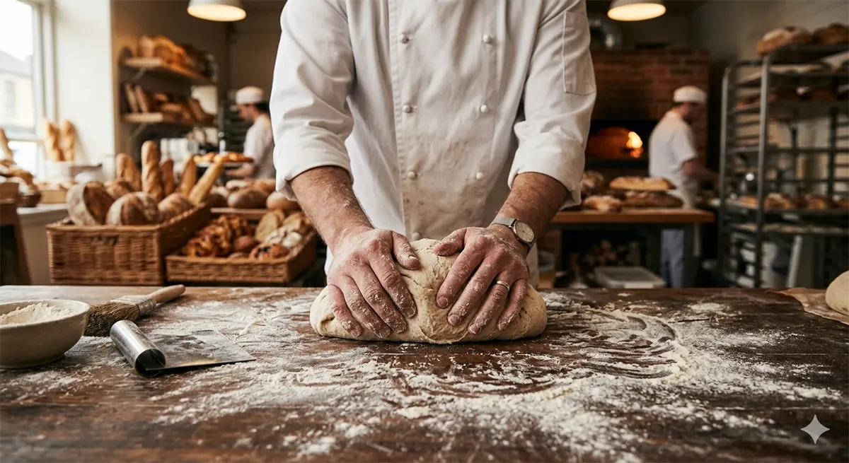 Padeiro profissional preparando massa de pão em curso da Firjan SENAI em Macaé.