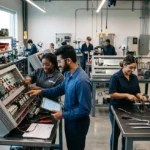 Estudantes de engenharia e elétrica em laboratório de capacitação profissional técnica em Macaé.