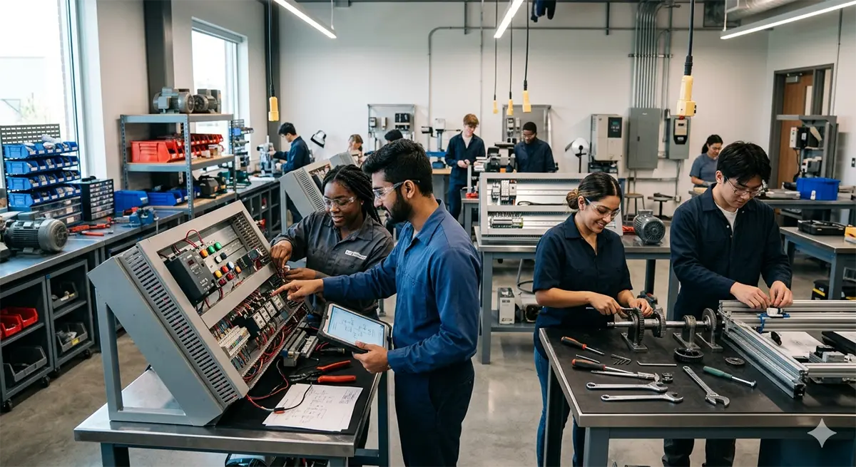 Estudantes de engenharia e elétrica em laboratório de capacitação profissional técnica em Macaé.