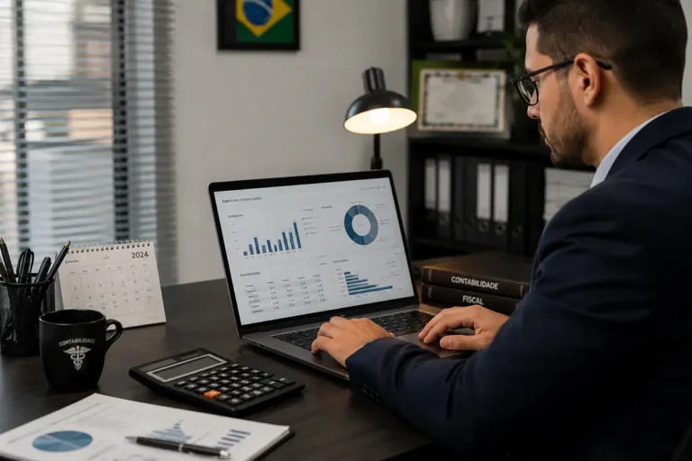 Assistente fiscal em Macaé realizando conferência de tributos e emissão de notas fiscais em planilha de Excel.