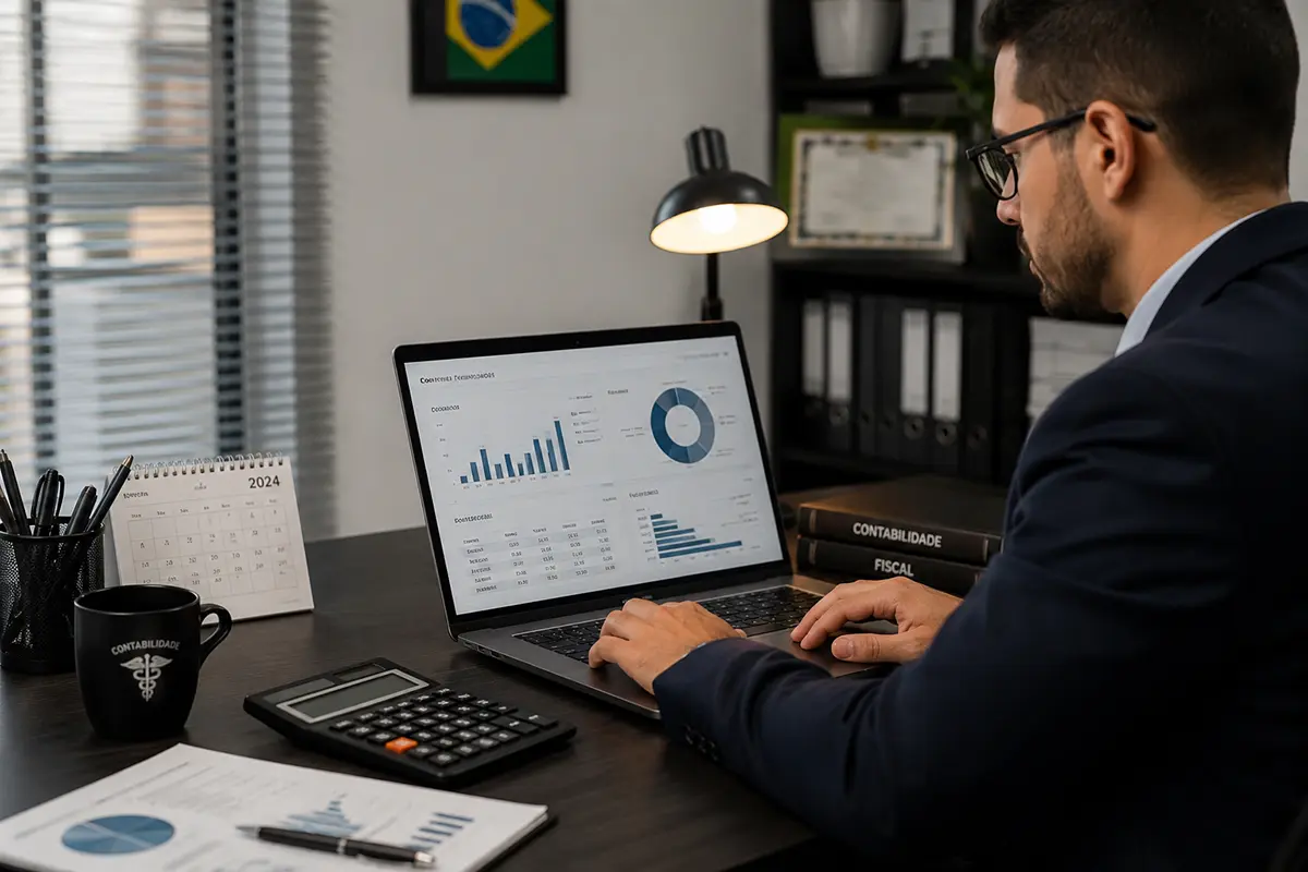 Assistente fiscal em Macaé realizando conferência de tributos e emissão de notas fiscais em planilha de Excel.