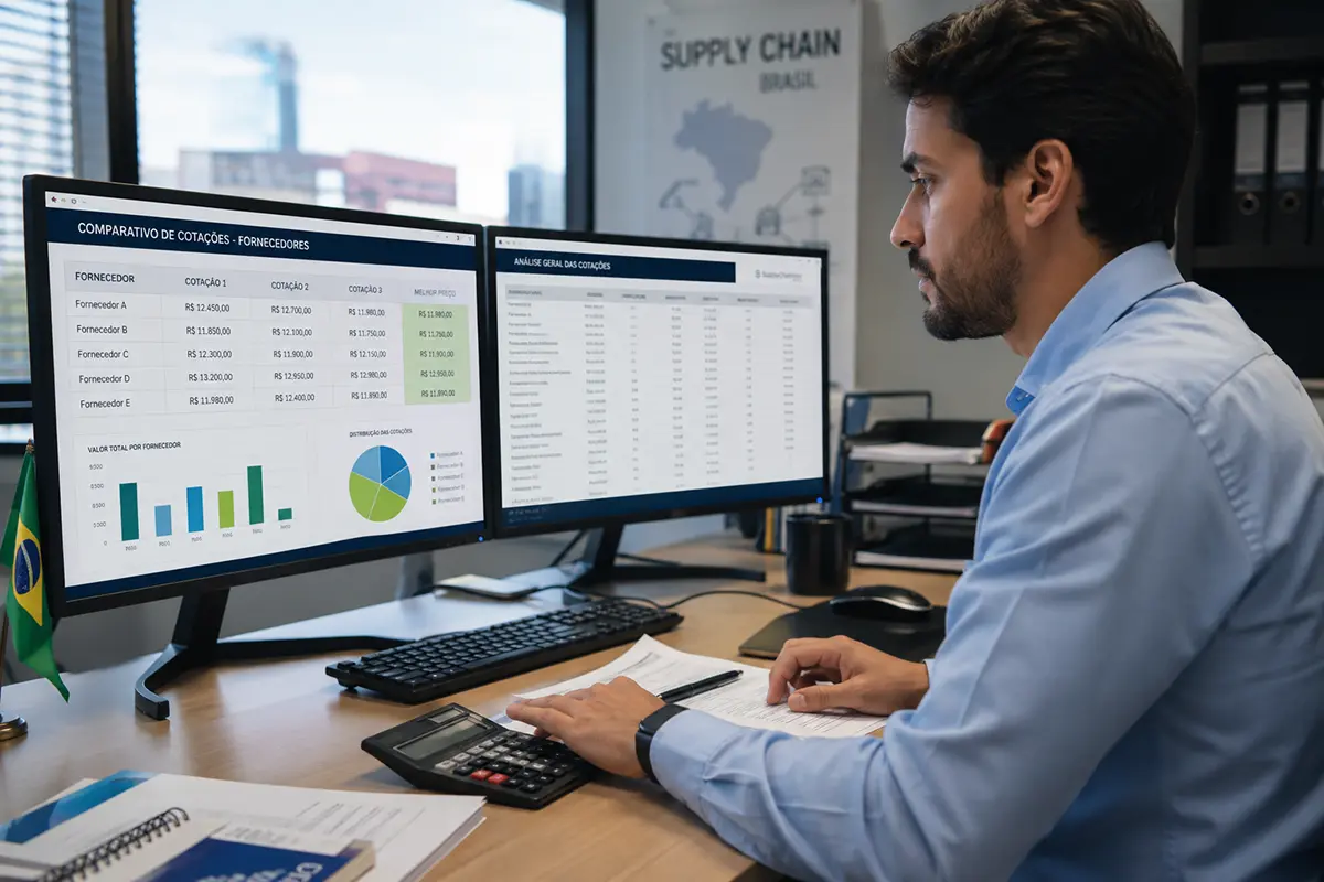 Auxiliar de compras em Macaé analisando orçamentos de fornecedores e atualizando sistema ERP no computador.