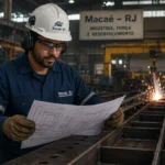 Caldeireiro pleno em Macaé realizando a leitura de desenho técnico para montagem de estruturas metálicas.