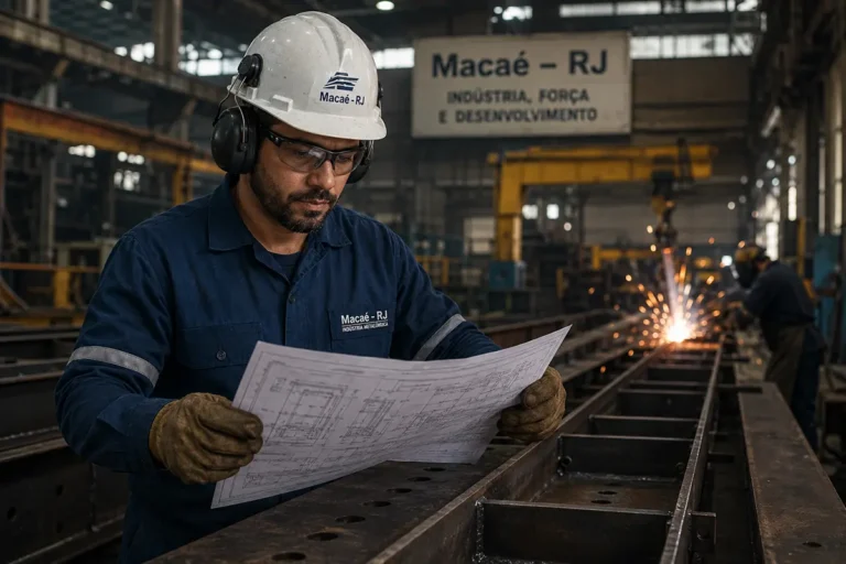 Caldeireiro pleno em Macaé realizando a leitura de desenho técnico para montagem de estruturas metálicas.