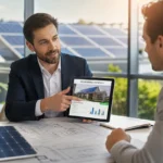 "Consultor comercial de energia solar em Macaé apresentando proposta de economia sustentável para cliente B2B.