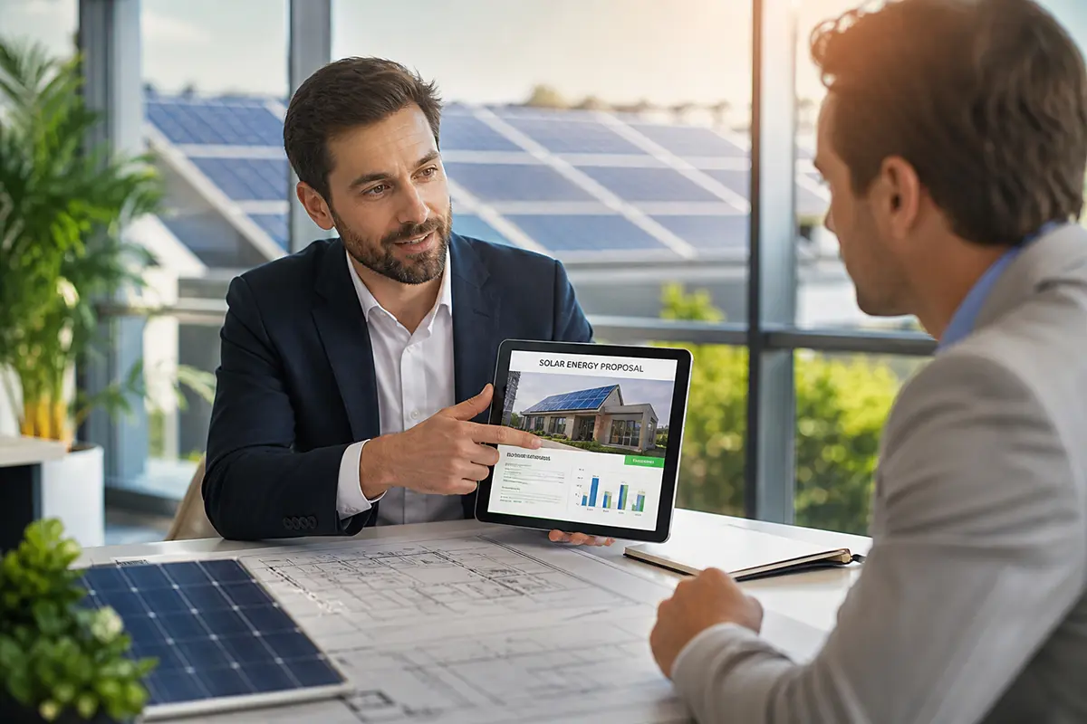 "Consultor comercial de energia solar em Macaé apresentando proposta de economia sustentável para cliente B2B.