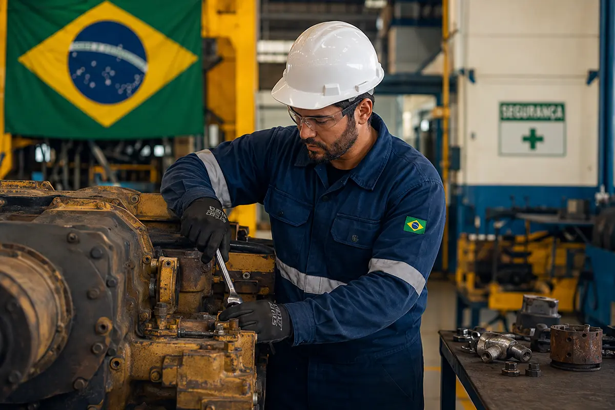 Mecânico industrial em Macaé realizando manutenção corretiva e diagnóstico de falhas em maquinário de fábrica.