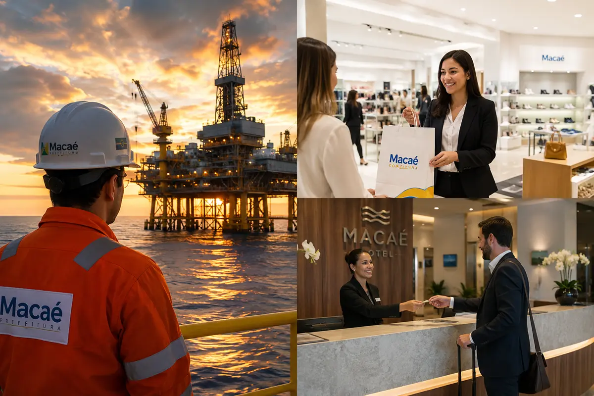 Painel indicativo de vagas de emprego em Macaé nos setores offshore, comercial e hoteleiro.