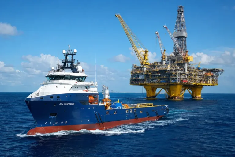 Embarcação de apoio offshore navegando próxima a uma plataforma de petróleo, ilustrando o mercado de trabalho embarcado no Brasil.