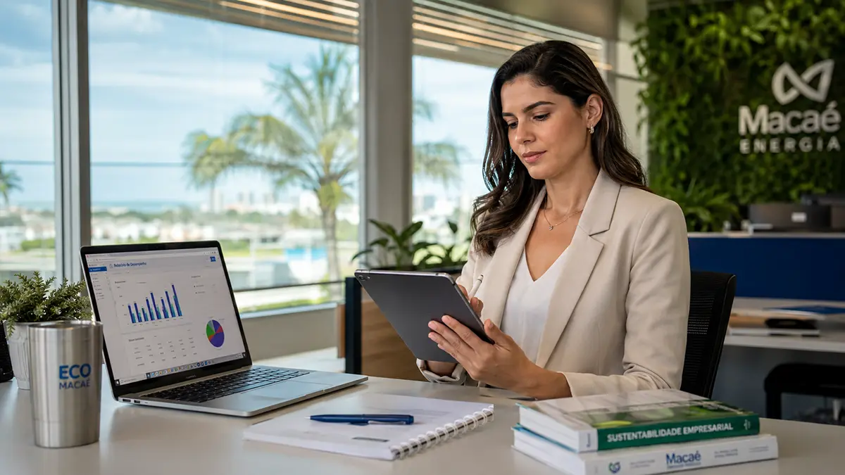 Profissional em um escritório corporativo em Macaé analisando propostas e planilhas comerciais para serviços de gestão de resíduos.