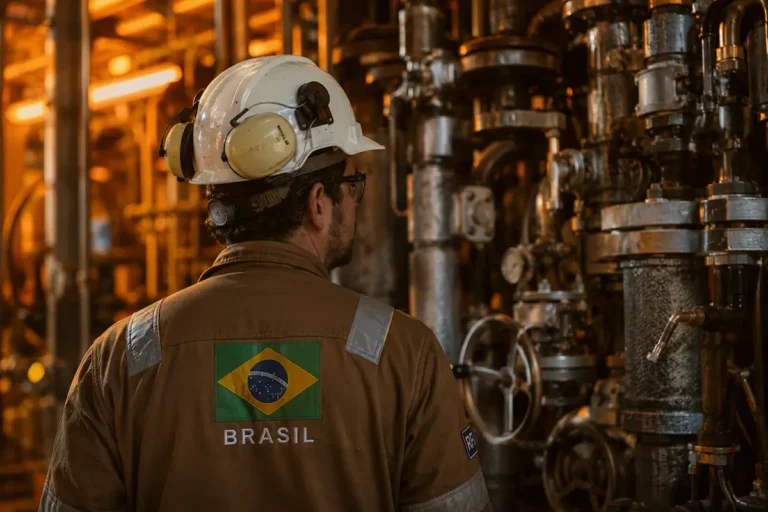 Assistente de operações de mecânica em Carapebus realizando o controle técnico de tubulações com capacete de segurança na Luberfil.