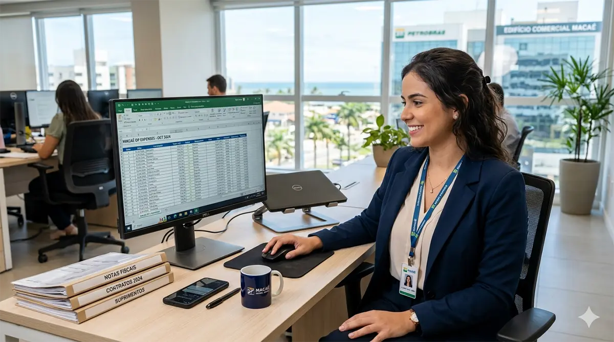 Profissional atuando como auxiliar administrativo em Macaé, organizando documentos e atualizando planilhas no Excel em um escritório iluminado.