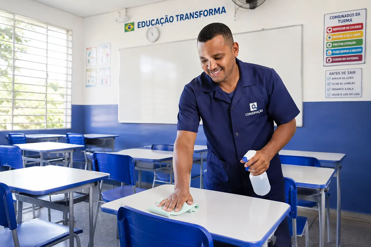 Auxiliar de serviços gerais em Macaé realizando a limpeza e organização das salas de aula em escola de idiomas