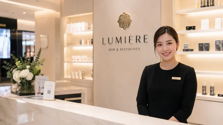 Recepção moderna e iluminada de uma clínica de estética no Shopping Plaza Macaé com atendimento comercial.