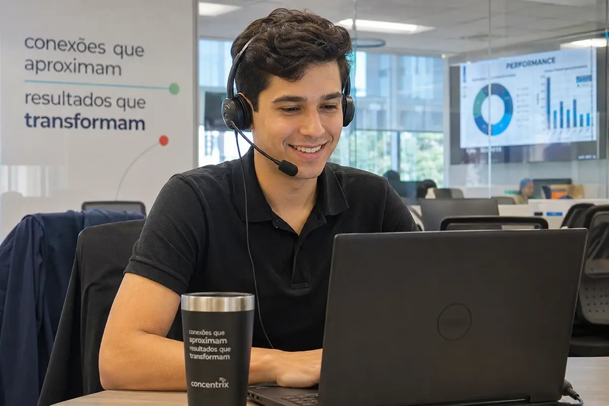 Estudante universitário realizando estágio comercial em Macaé, conversando ao telefone e analisando dados em um escritório moderno.
