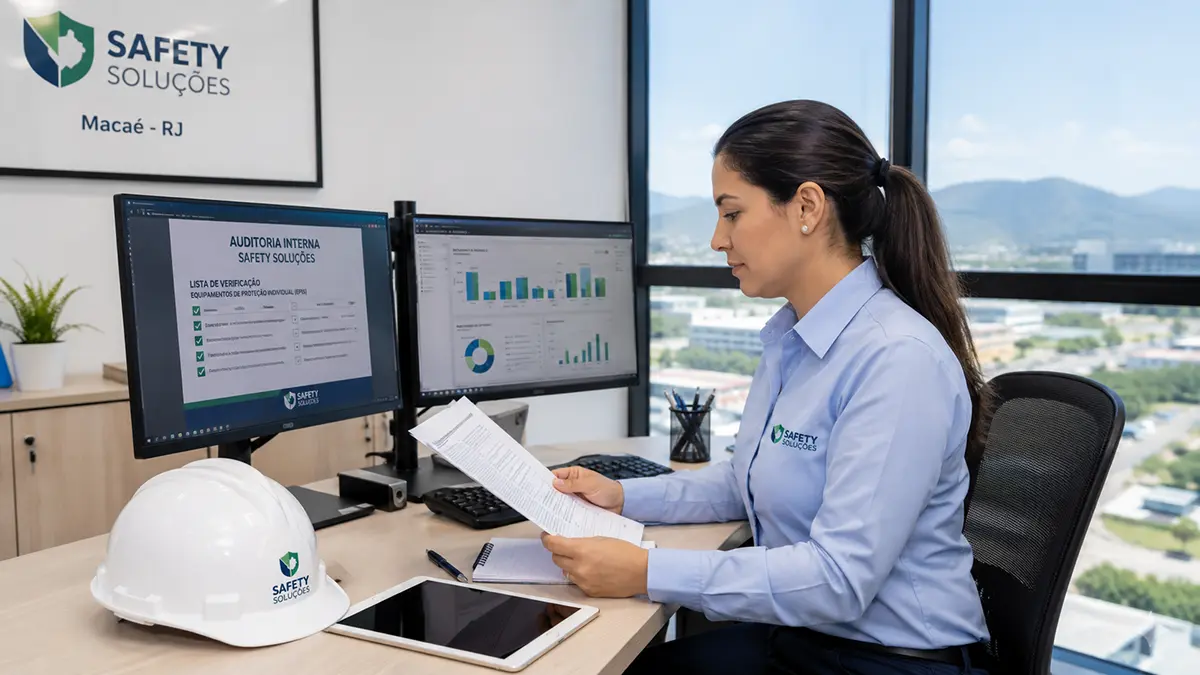Técnico de Segurança do Trabalho em Macaé atuando em escritório na organização de credenciamento e auditorias de SST.