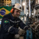 Técnico em mecânica industrial realizando manutenção de tubulações e equipamentos com capacete e protetor auricular.