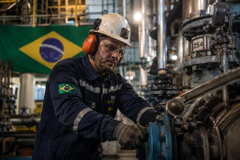 Técnico em mecânica industrial realizando manutenção de tubulações e equipamentos com capacete e protetor auricular.