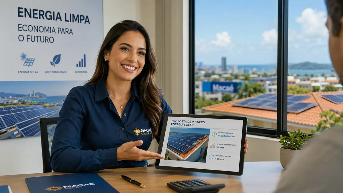 Vendedor de energia solar em Macaé apresentando uma proposta técnica comercial com painéis fotovoltaicos ao fundo.
