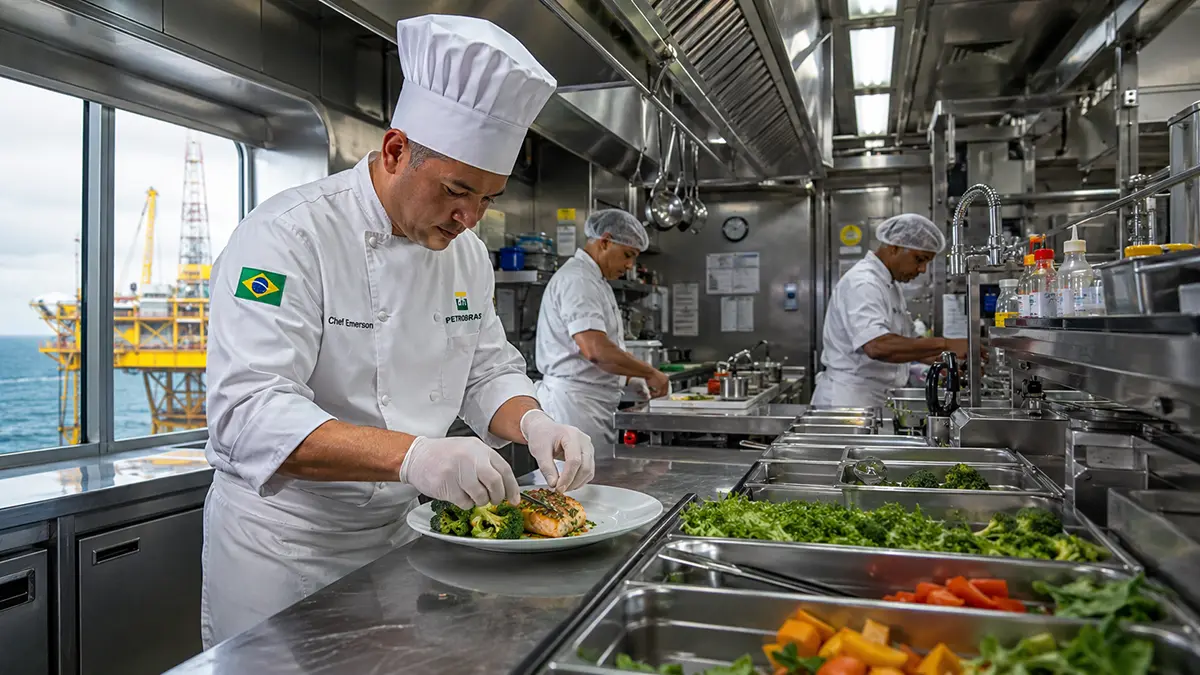 Profissional de hotelaria offshore com uniforme de cozinha preparando refeições industriais a bordo de uma plataforma na CIS Catering em Macaé.