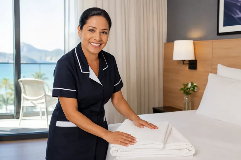 Profissional de hotelaria organizando ambiente de trabalho, ilustrando a abertura de novas vagas de emprego em Macaé