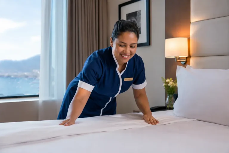 Profissional de hotelaria preparando quarto de hotel, representando o mercado de vagas de emprego em Macaé.