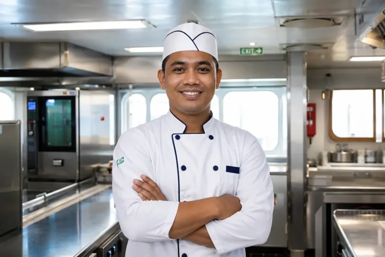 Profissional de hotelaria offshore trabalhando em cozinha de embarcação, ilustrando as novas vagas de emprego em Macaé.