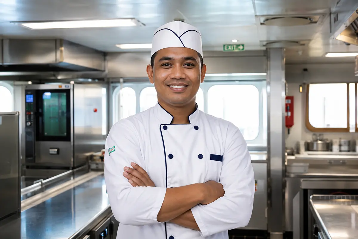 Profissional de hotelaria offshore trabalhando em cozinha de embarcação, ilustrando as novas vagas de emprego em Macaé.