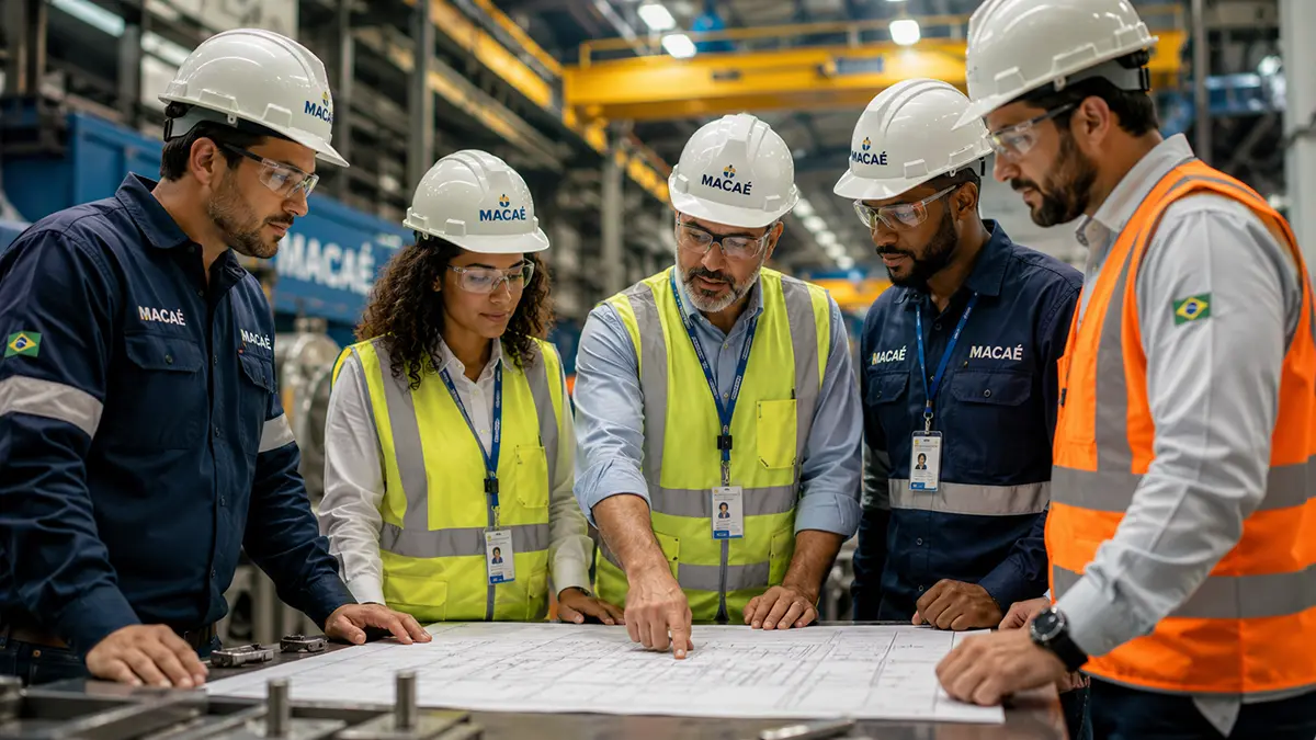"Profissionais da área de manutenção e elétrica industrial trabalhando com ferramentas em tubulações na Forte Metal em Macaé.
