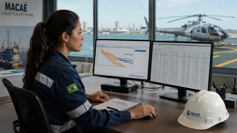 Técnico de planejamento e controle offshore analisando cronogramas em Curva S e planilhas de MS Project no escritório em Macaé.