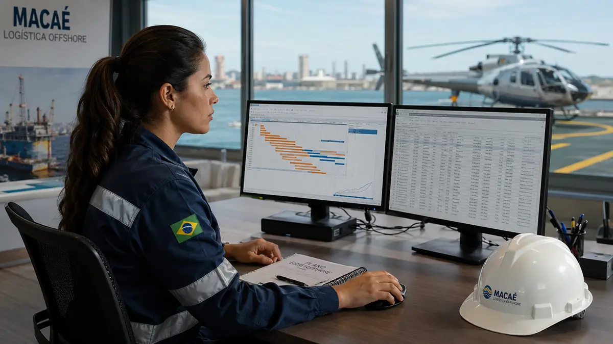 Técnico de planejamento e controle offshore analisando cronogramas em Curva S e planilhas de MS Project no escritório em Macaé.
