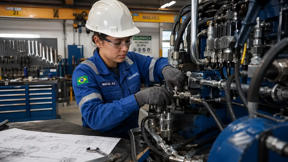 Técnico em mecânica de manutenção montando conexões hidráulicas e prensando mangueiras em galpão industrial em Macaé.
