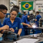Estudantes em oficina de treinamento industrial, ilustrando o processo seletivo do programa Autonomia e Renda da Petrobras.