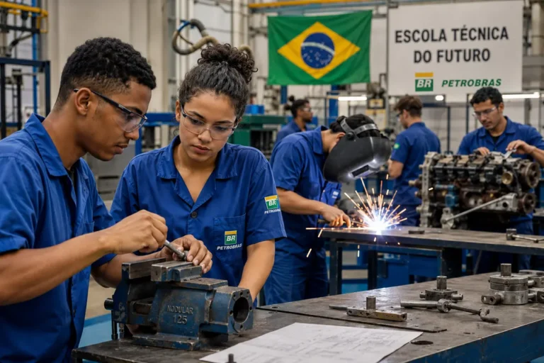 Estudantes em oficina de treinamento industrial, ilustrando o processo seletivo do programa Autonomia e Renda da Petrobras.
