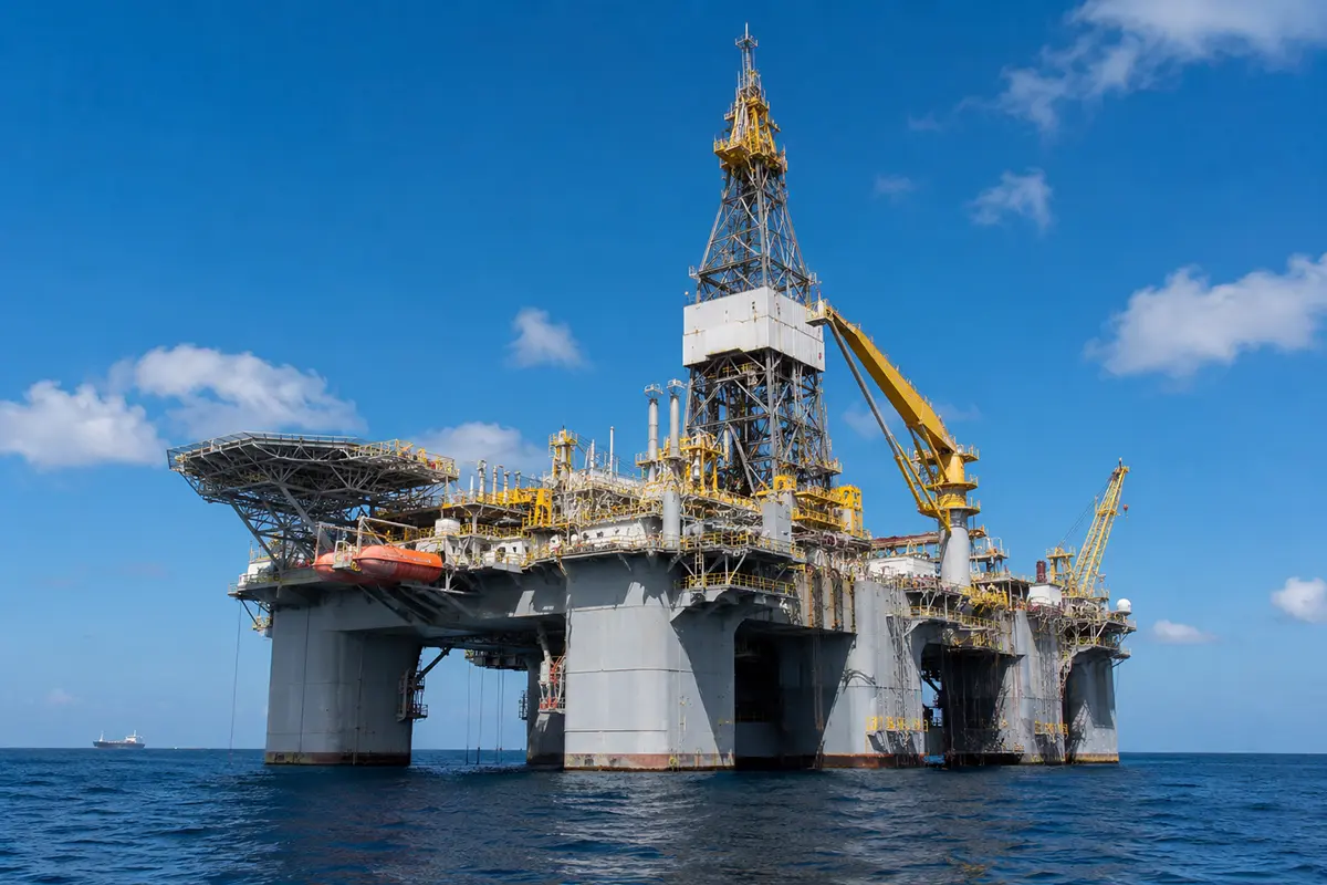 Plataforma moderna de perfuração offshore operando em alto-mar, ilustrando a abertura de novas vagas de emprego na Foresea em Macaé.