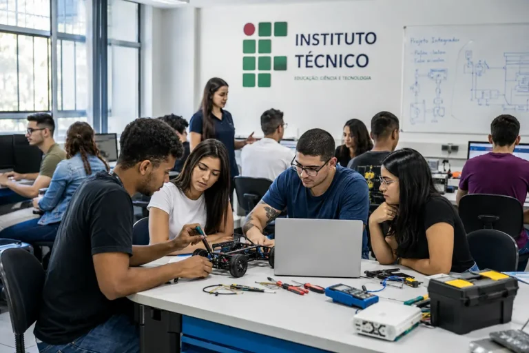 Estudantes em sala de aula técnica no IFF, representando a abertura de vagas para o curso gratuito da Petrobras em Macaé.