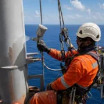 Profissional de manutenção offshore atuando como pintor industrial escalador em Macaé com equipamentos de acesso por cordas.
