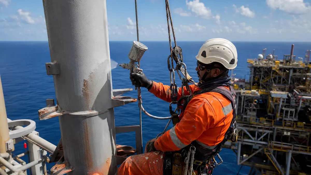 Profissional de manutenção offshore atuando como pintor industrial escalador em Macaé com equipamentos de acesso por cordas.