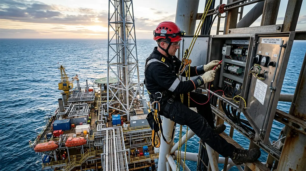 Anúncio de vaga de emprego na Marine Inc Services para Técnico em Elétrica Offshore com certificação IRATA N3.