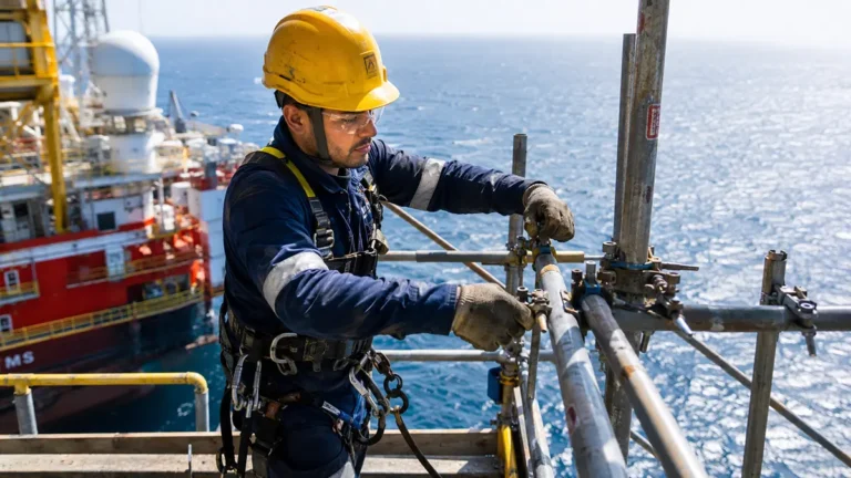 Anúncio do processo seletivo presencial da Mota-Engil Brasil em Macaé para Montador de Andaime Offshore.